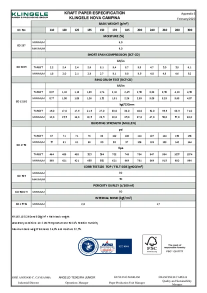 Ficha técnica de Kraftliner Ficha técnica de Kraftliner, papelera Nova Campina, EN