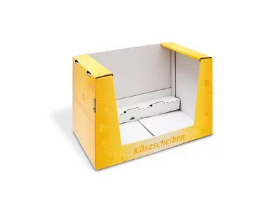 Shelf-Ready-Verpackung aus Wellpappe für Käsescheiben Shelf-Ready-Verpackung aus Wellpappe für Käsescheiben