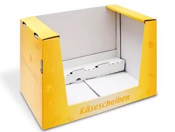 Shelf-ready corrugated board packaging for cheese slices Shelf-ready corrugated board packaging for cheese slices