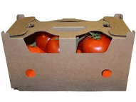 Obst- und Gemüsetragerl mit Tomaten gefüllt aus Wellpappe Obst- und Gemüsetragerl mit Tomaten gefüllt aus Wellpappe