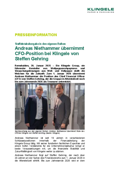 Presseinformation: Andreas Niethammer übernimmt CFO-Position bei Klingele von Steffen Gehring