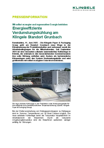 Presseinformation: Energieeffiziente Verdunstungskühlung am Klingele Standort Grunbach