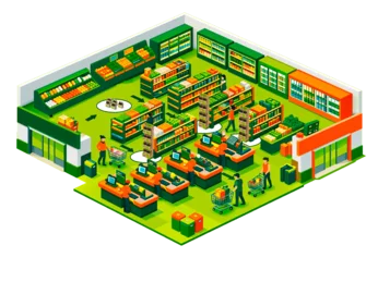 Representación isométrica de un supermercado con efectos de activación de multipacks y expositores (gráfico: Klingele Paper & Packaging) Representación isométrica de un supermercado con efectos de activación de multipacks y expositores (gráfico: Klingele Paper & Packaging)