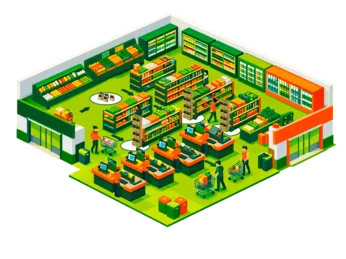 Isometric representation of a supermarket with activation effects of multipacks and displays (graphic: Klingele Paper & Packaging) Isometric representation of a supermarket with activation effects of multipacks and displays (graphic: Klingele Paper & Packaging)