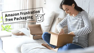 Woman unpacking an Amazon parcel Woman unpacking an Amazon parcel